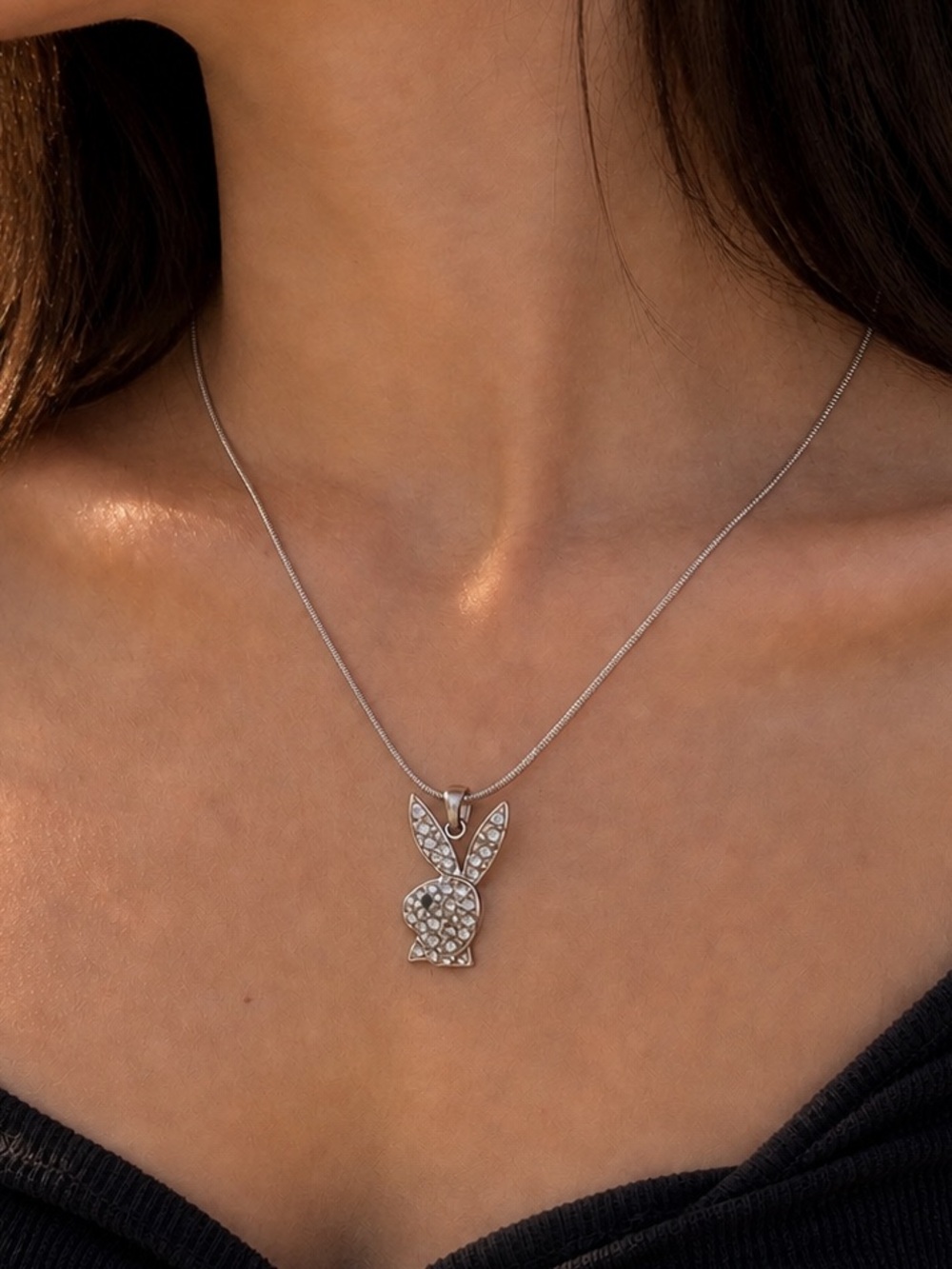 Y2K Playboy Bunny Rhinestone Silver Necklace